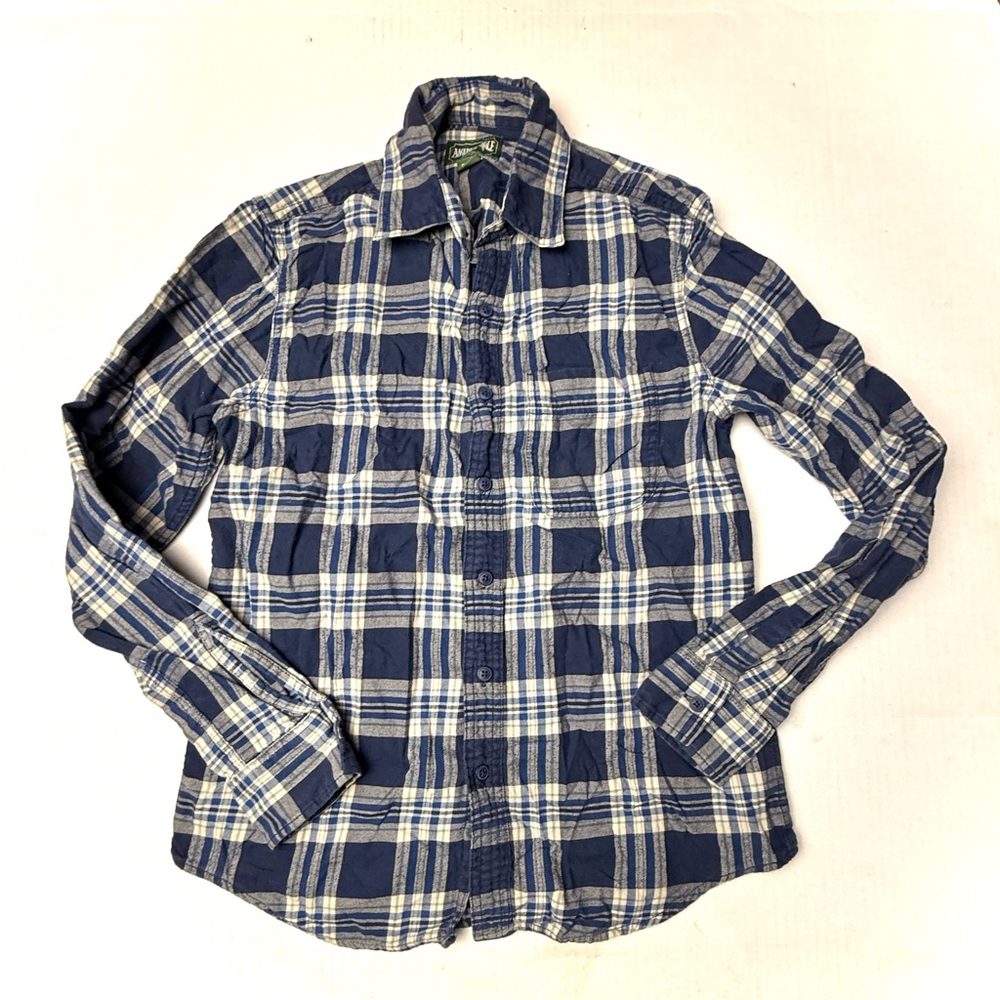 American Eagle Flannel Button-Up Shirt Mens XS 100% Cotton Blue‎ White Plaid